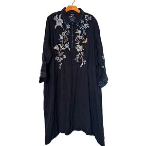 JOHNNY WAS Shiloh Embroidered‎ Shirt Midi Dress Navy Blue Floral Butterfly XL